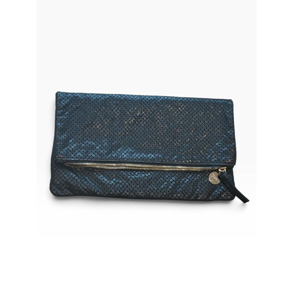 Clare V. Foldover Clutch Blue Black Metallic Perforated